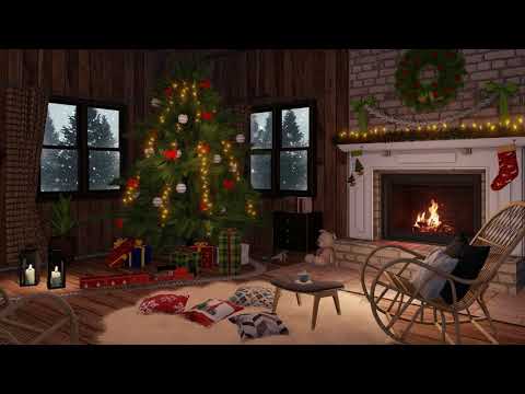 Cozy Christmas Cabin Ambience with Crackling Fireplace and Snowstorm Sounds for Sleep and Study