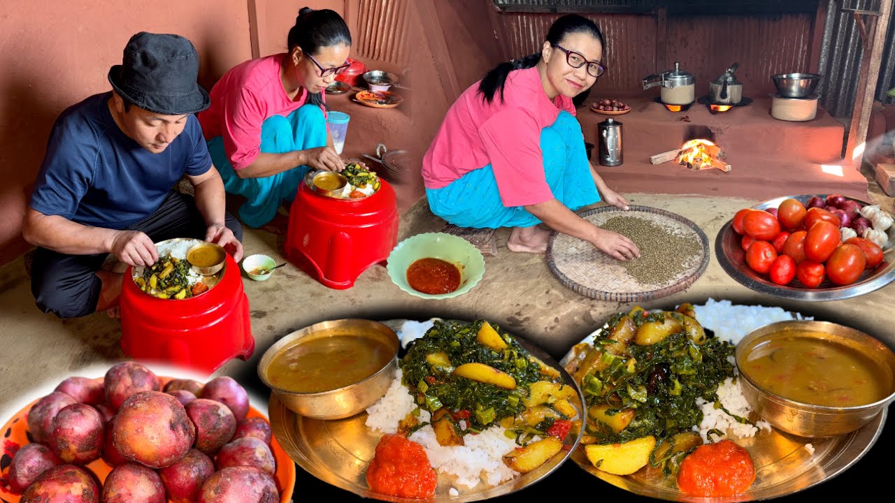 Village life & Healthy Food : Green Mustard Potato mix Recipe, Dal with Rice Cooking in Village