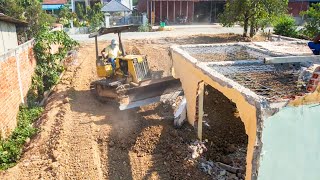 New working!! skills bulldozer push clearing old house & filling land with dump truck unloading soil