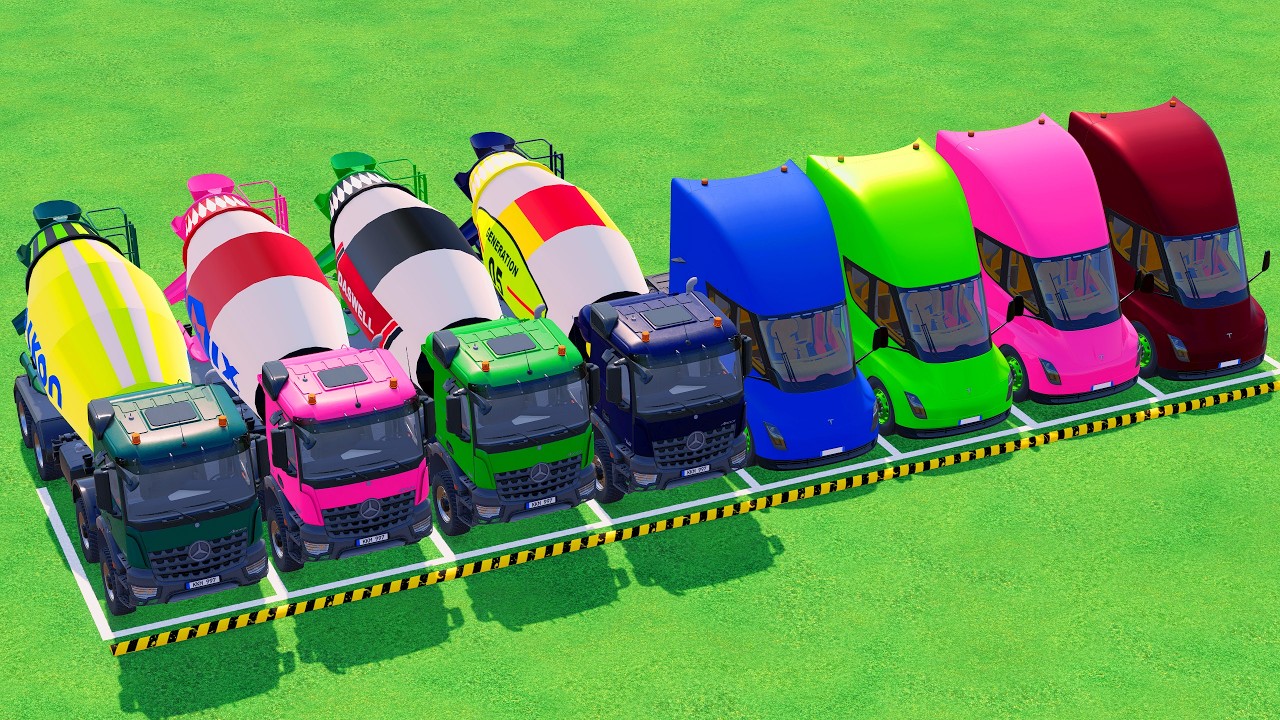 Trucks With COLORS - TRANSPORTING MIXER TRUCK and TRUCK with FLATBED TRAILER TRUCK #19