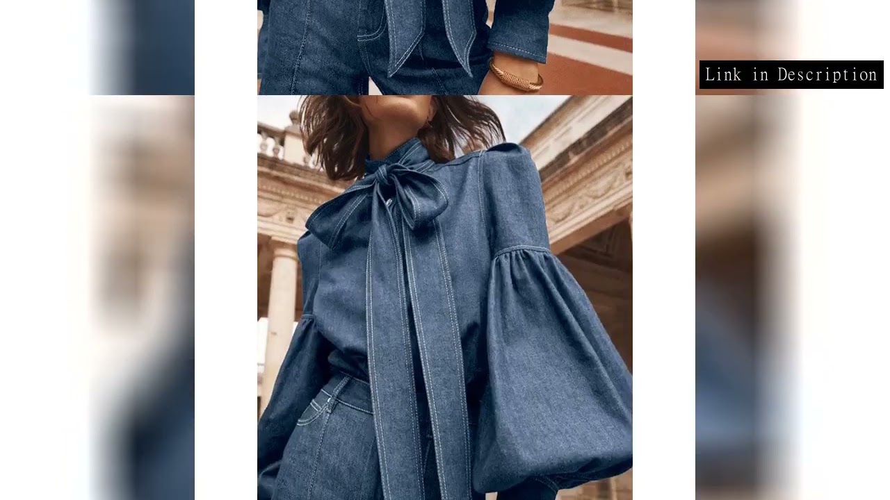 Gymystars New Trendy Imitation Denim Blouse Tops for Women Long Puff Sleeves Bow-Embellished High Ne