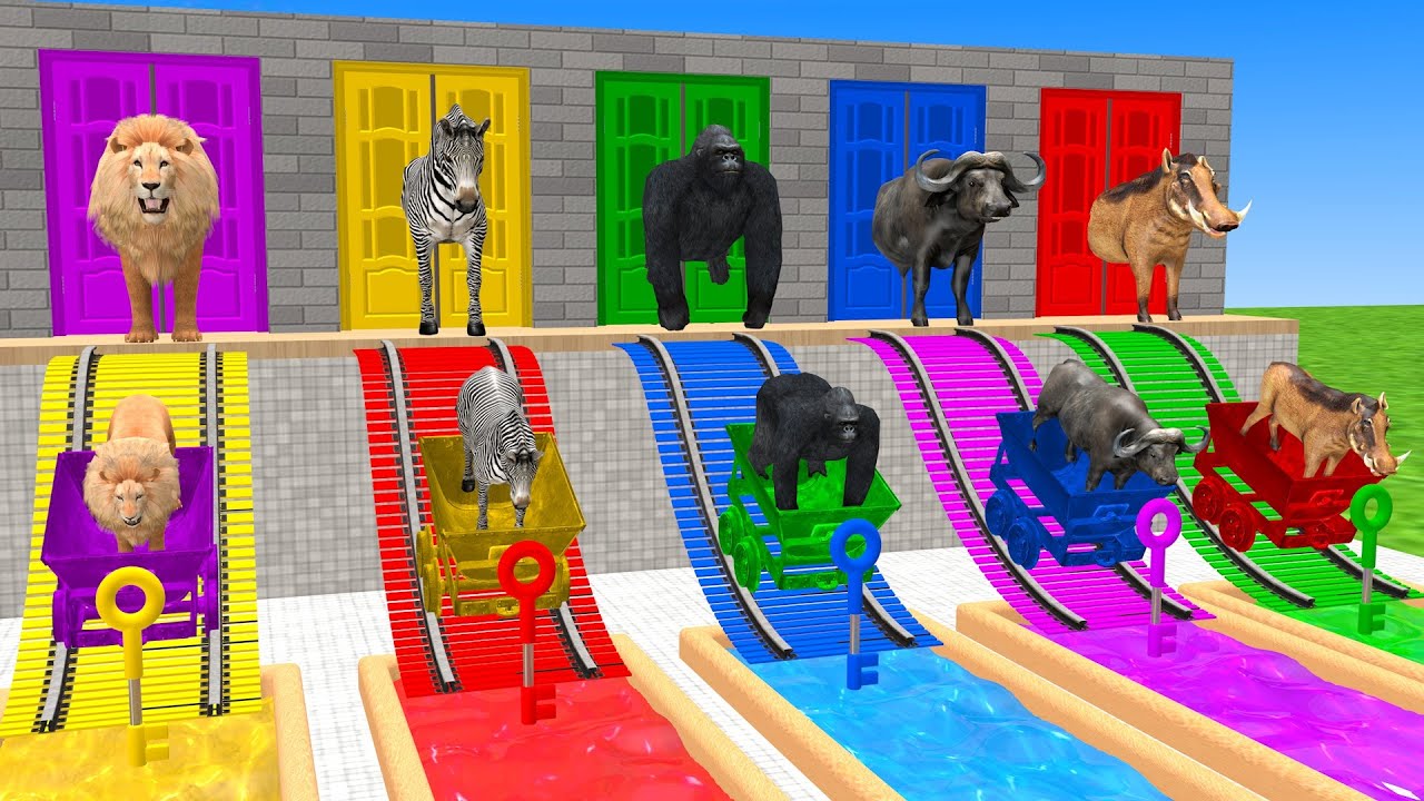 Long Slide Game With Elephant  Lion Zebra Gorilla Buffalo Warthong 3d Animal Game Funny 3d Animals