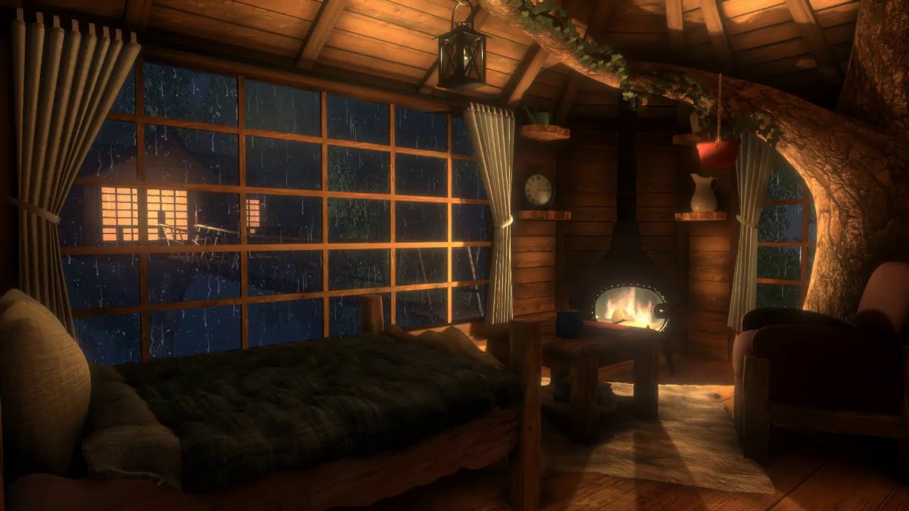Cozy Treehouse Rain & Fireplace Sounds for 12 hours Sleep, Study