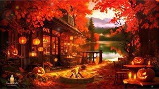 Cozy Autumn Lake Café Ambience 🍂 Crackling Fire, Falling Leaves & Calming Piano Jazz Music screenshot 5