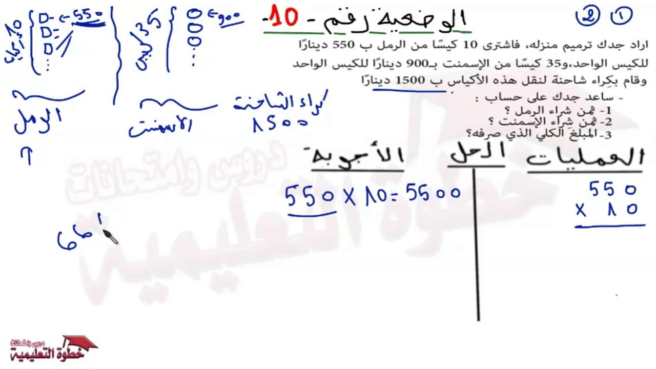 اختبار رياضيات وضعية ادماجية نموذج 10 السنة الرابعة ابتدائي