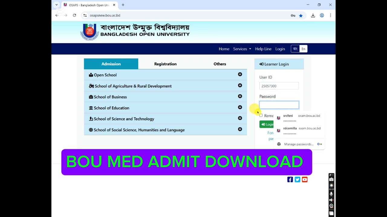 Bangladesh Open University MED Admit Download process 