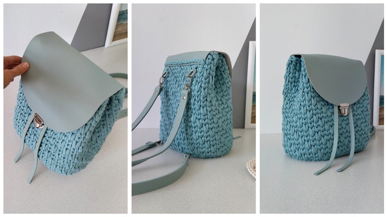 Вязаный РЮКЗАК из пряжи с КОЖАНОЙ ФУРНИТУРОЙ. Crochet backpack with leather furniture video tutor