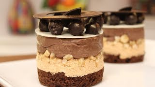 This dessert recipe is a treat to the eye layered with caramel and
chocolate mousse over sponge roundel. hazelnut in...