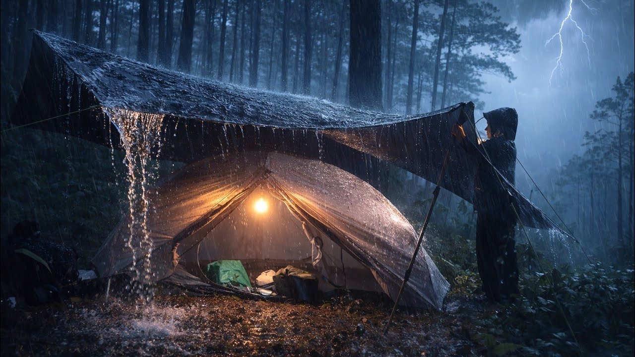 Rain Sounds for Sleeping | Solo Camping in a Warm Tent During Storm