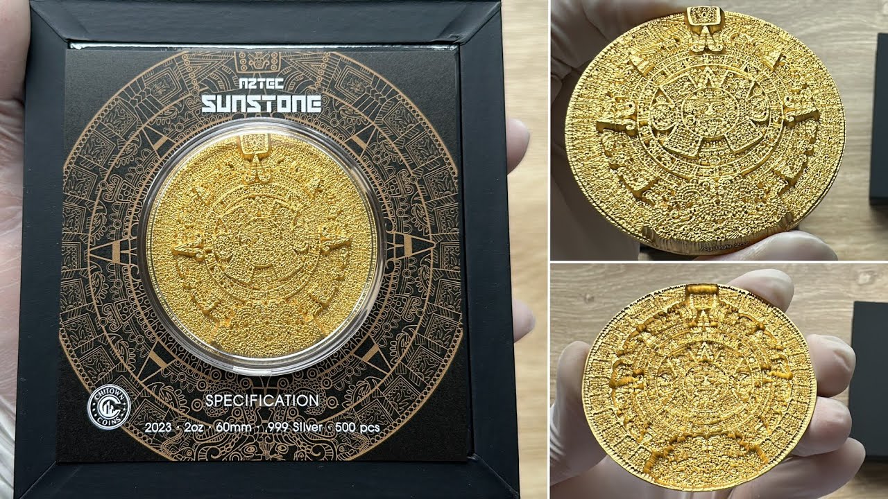 AZTEC SUN STONE Gilded Stackable 2 Oz Silver Stacker 2023 - YouTube