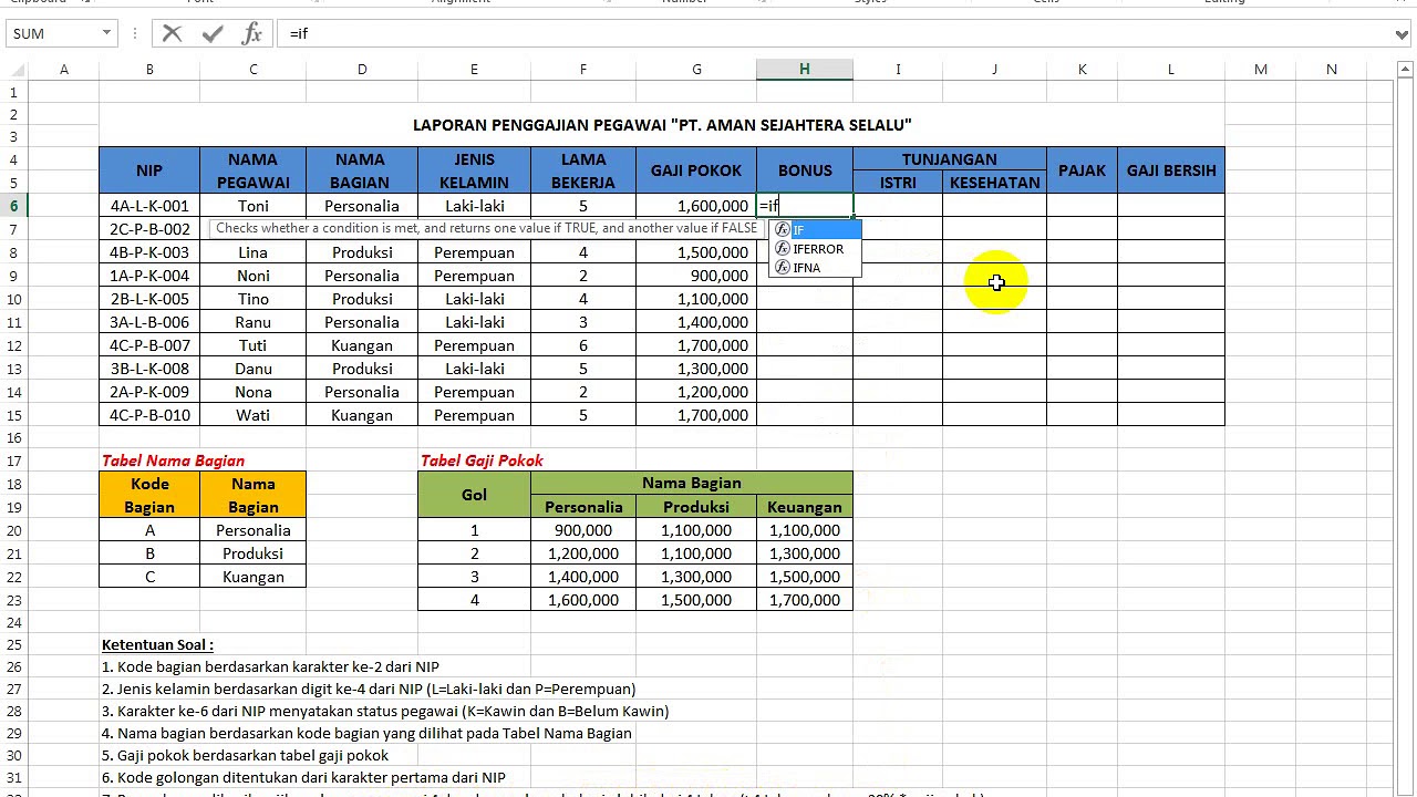 Soal Excel Laporan Penggajian Pegawai Pt Aman Sejahtera Selalu Youtube