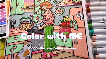 Color With Me in a Cozy Strawberry Kitchen 🍓 | COCO Wyo Page using Ohuhu Markers (ASMR, No Music)
