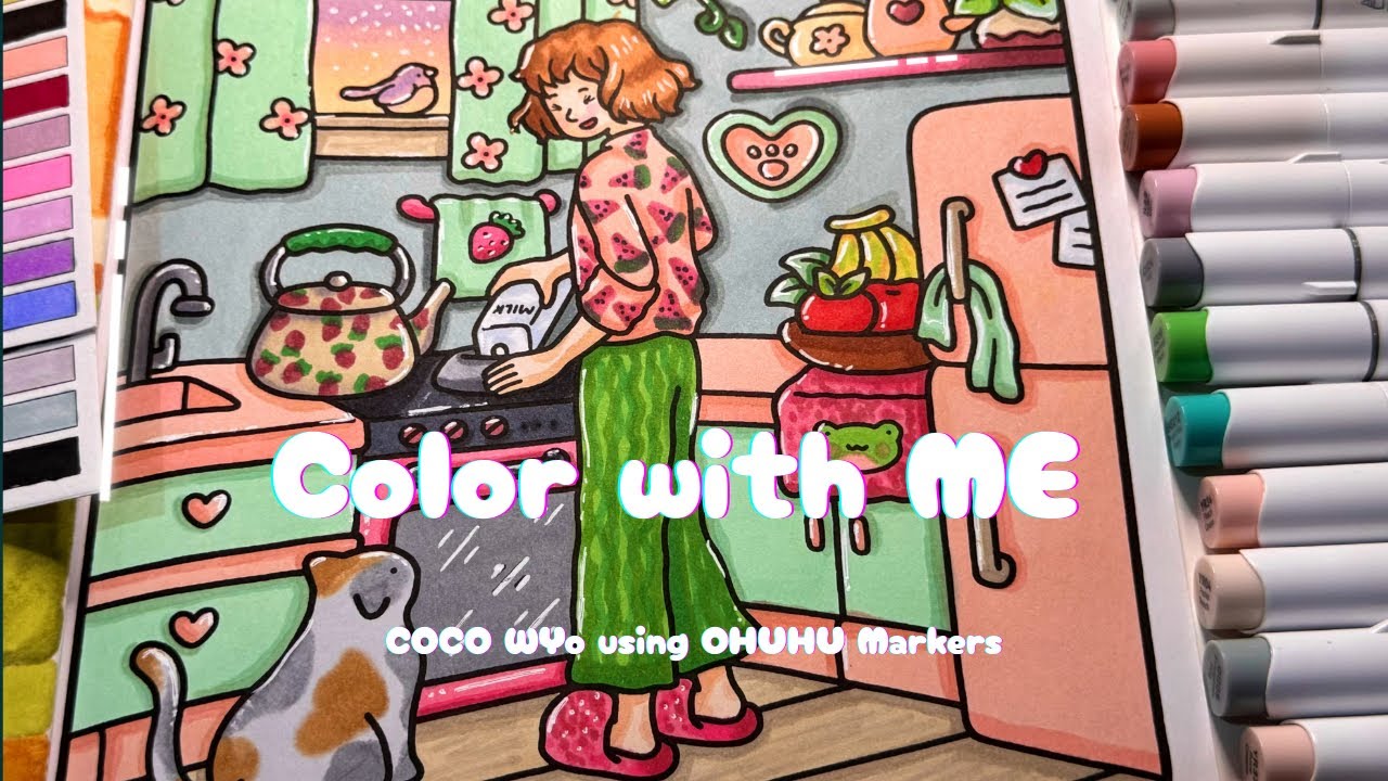 Color With Me in a Cozy Strawberry Kitchen 🍓 | COCO Wyo Page using Ohuhu Markers (ASMR, No Music)