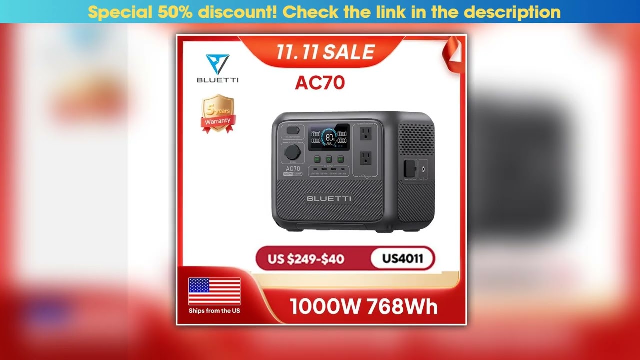 US Plug BLUETTI AC70 Portable Power Station 1000W 768Wh Solar Generator for Road Trip Offgrid
