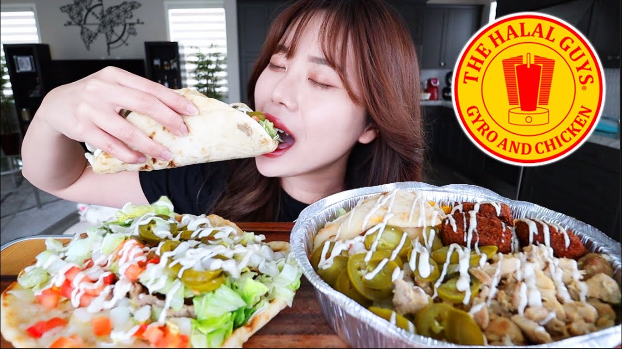 HALAL GUYS MUKBANG 먹방 | EATING WITH HANDS | Beef Gyro Wrap, Chicken & Falafel Rice Plate, Pita Bread
