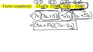 Factor Completely Four Terms by Factoring by Grouping: 21ax+35bx-6ay-10by