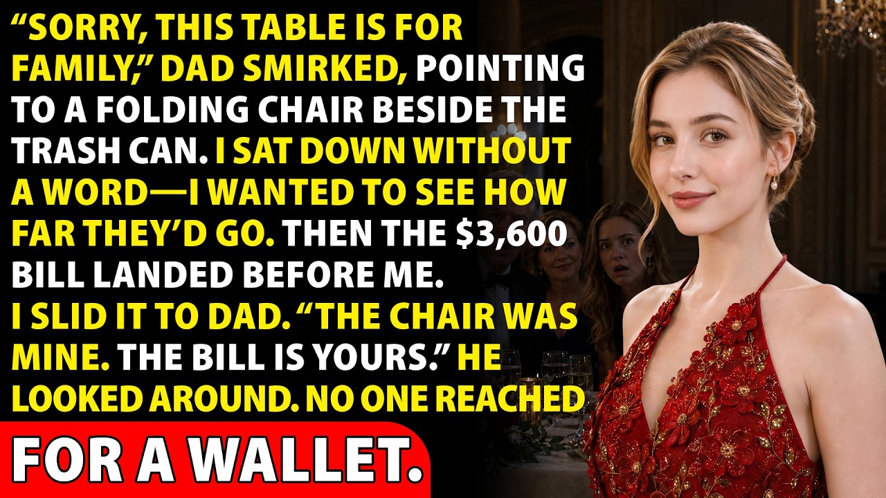 The waiter placed the $3,600 bill in front of me, and my father smiled. “Rachel has always been good with money. It’s one of the few ways she contributes.” I was seated on a folding chair beside...