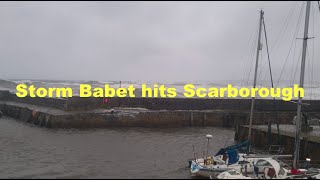 Storm Babet, Scarborough Boats damaged, trees down and sea foam everywhere.