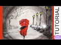 How to paint WOMAN RED UMBRELLA in the SNOW. Red Dress Painting Tutorial Beginners Step by Step