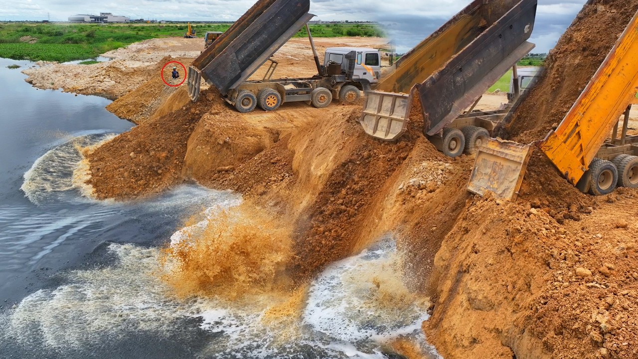 Impressive Dozer KOMATSU Skill Driver Pushing Soil Drop Into Water & Team Work Dump Trucks Unloading