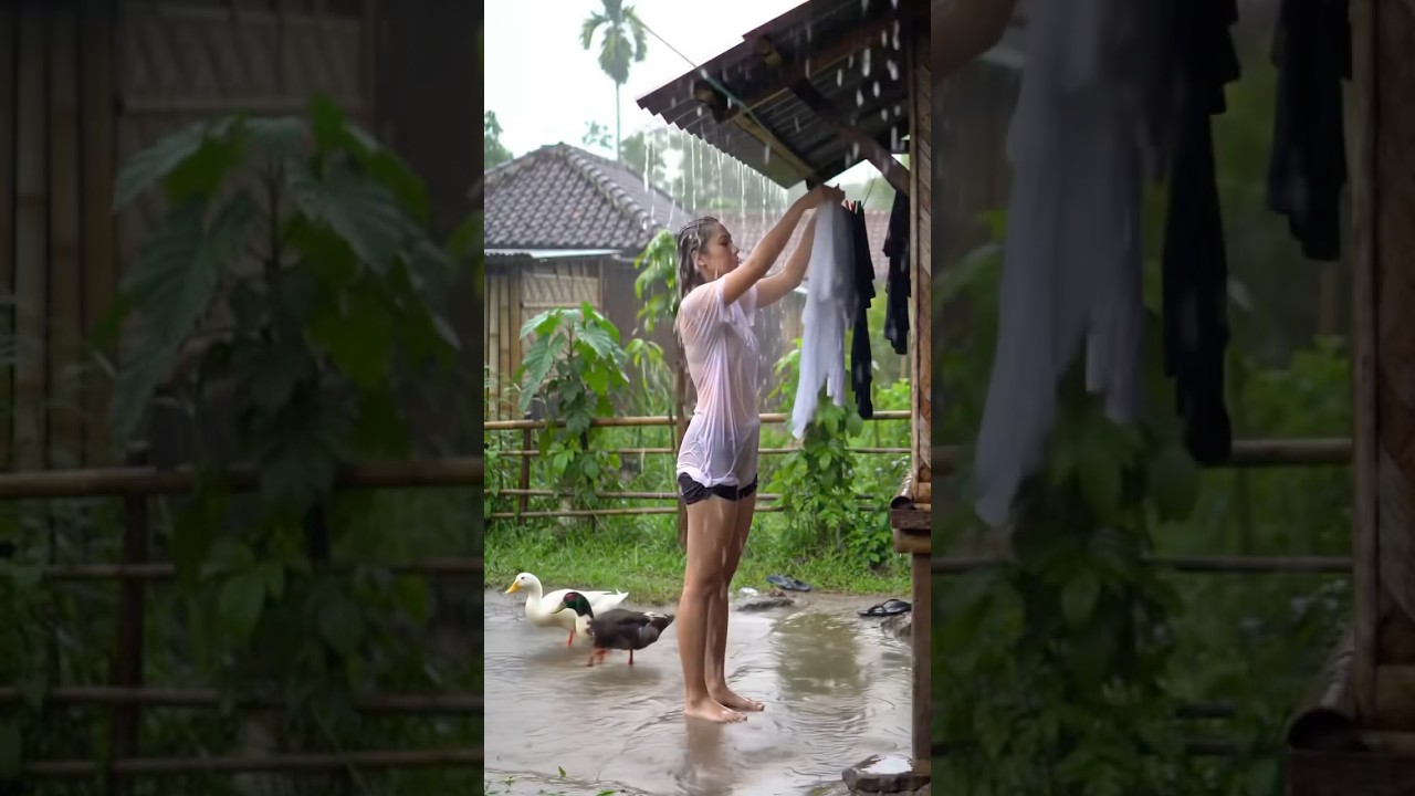 Blonde Girl Hanging Laundry in Rain – Soft ASMR for Sleep 