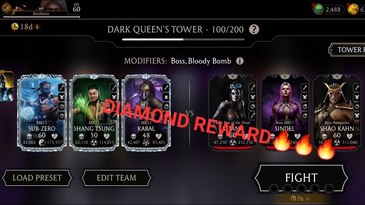 Mk mobile. Fatal Dark Queen's tower - 100. Diamond reward🔥🔥.Normal tower - 70 and 90. 