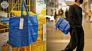 Making a messenger bag out of $1 IKEA shopping bag and carrying it to IKEA