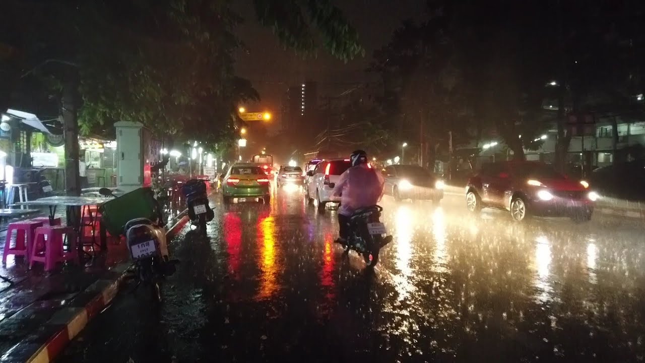 Rainy Walking in Bangkok at Night Scene Rainy Season in Thailand