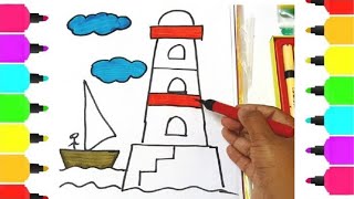 Colorful and easy lighthouse drawing and coloring page for kids