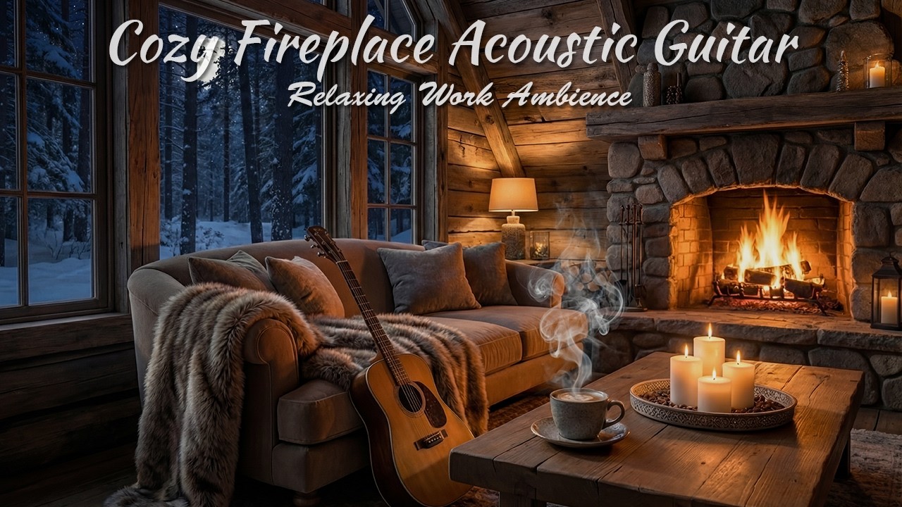 Cozy Fireplace Acoustic Guitar for Focus | Relaxing Work Ambience (2 Hours)