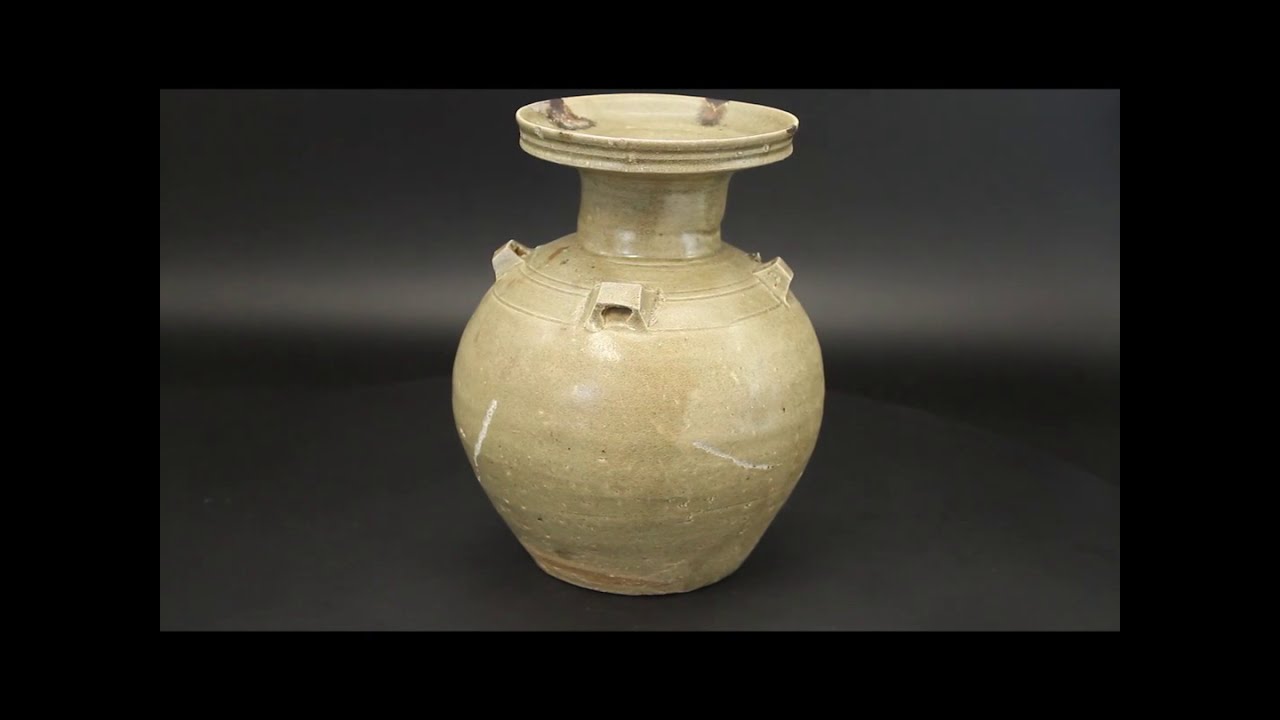 六朝越州窯鉄班文青磁盤口瓶59-14 - YouTube