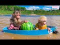 BiBi rowes a boat to pick watermelon for baby monkey Obi