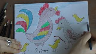 как нарисовать петушка , курочку и цыплят карандашами от 3х леь просто