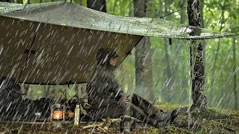 Bushcraft Camping In Rain Storm HailMistFork carvi...
