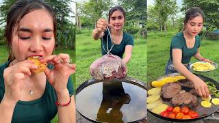 Amazing cooking grilled meat and juicy on fire recipe