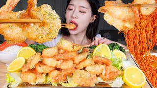 ASMR MUKBANG | HOMEMADE LEMON CREAM SHRIMP  SPICY FIRE CHICKEN NOODLES & RICE & POLLACK ROE