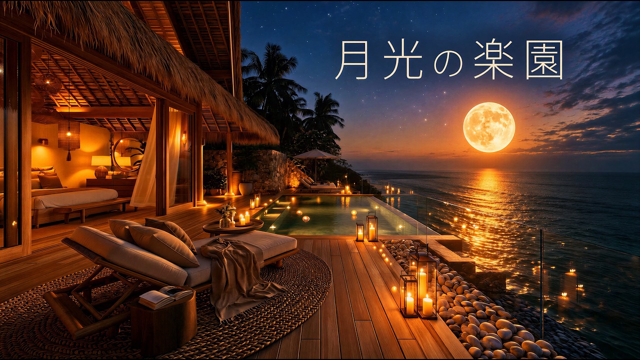へんへん＊満月～月光が散らばる海～煌めく波間　金箔　金運財運　夜　癒し 4K】「月光の楽園」満月に照らされた海辺のヴィラ｜穏やかな波の音と夜