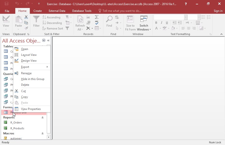 Insert a button in the productform form displaying the text report in