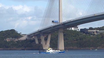 Cruise Boat Sailing Under Queensferry Crossing Firth Of Forth Scotland