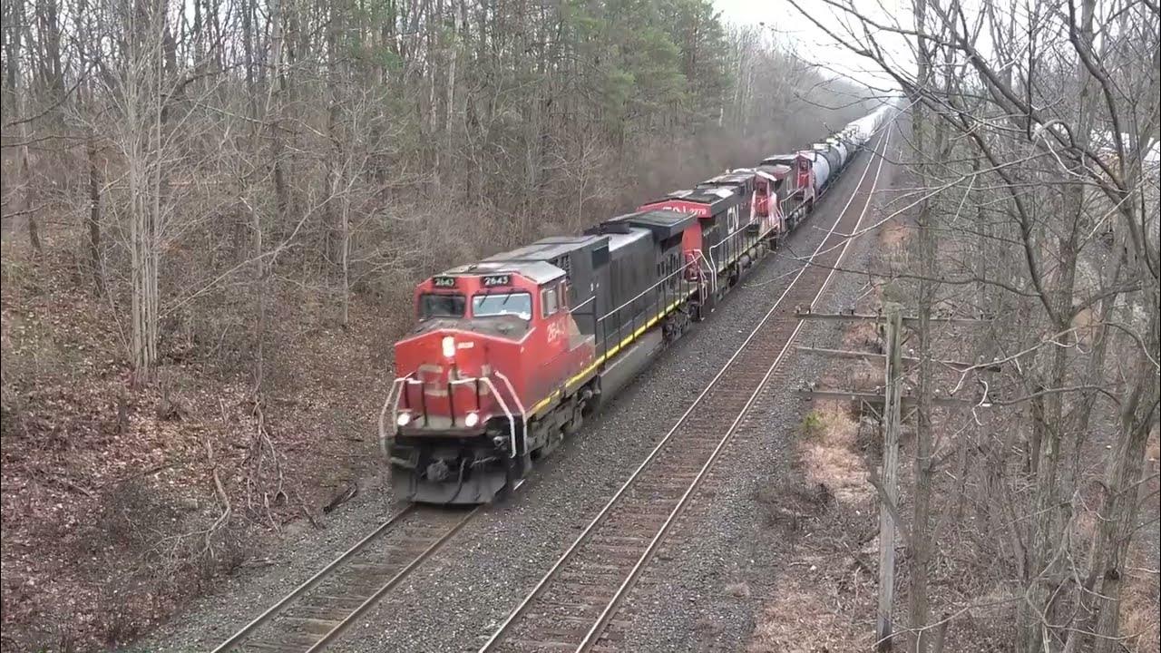 Denfield road, London, Ontario, Canada. CN mixed freight train