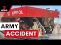 Australian army truck drives through a service station roof  7 news australia