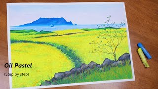 Рисунок масляной пастелью, Реалистичный пейзаж, Цветок рапса острова Чеджу
