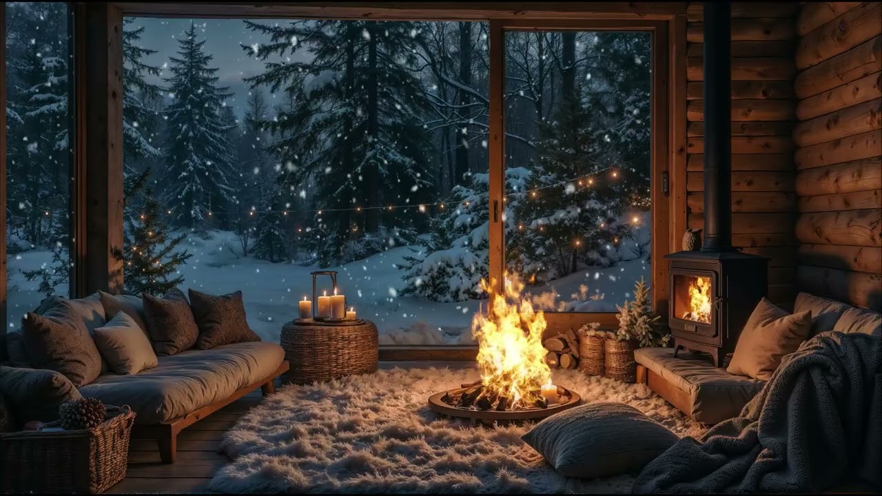 Serene Cabin Ambience: Warm Fireplace & Peaceful Snowfall for Unwinding