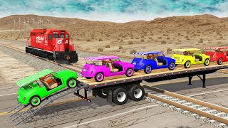 Double Flatbed Trailer Truck vs Speedbumps Train vs Cars | Tractor BeamNG.Drive #06