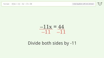 Linear equation with one unknown: Solve -2(4x+4)-3x-2=34 step-by-step solution