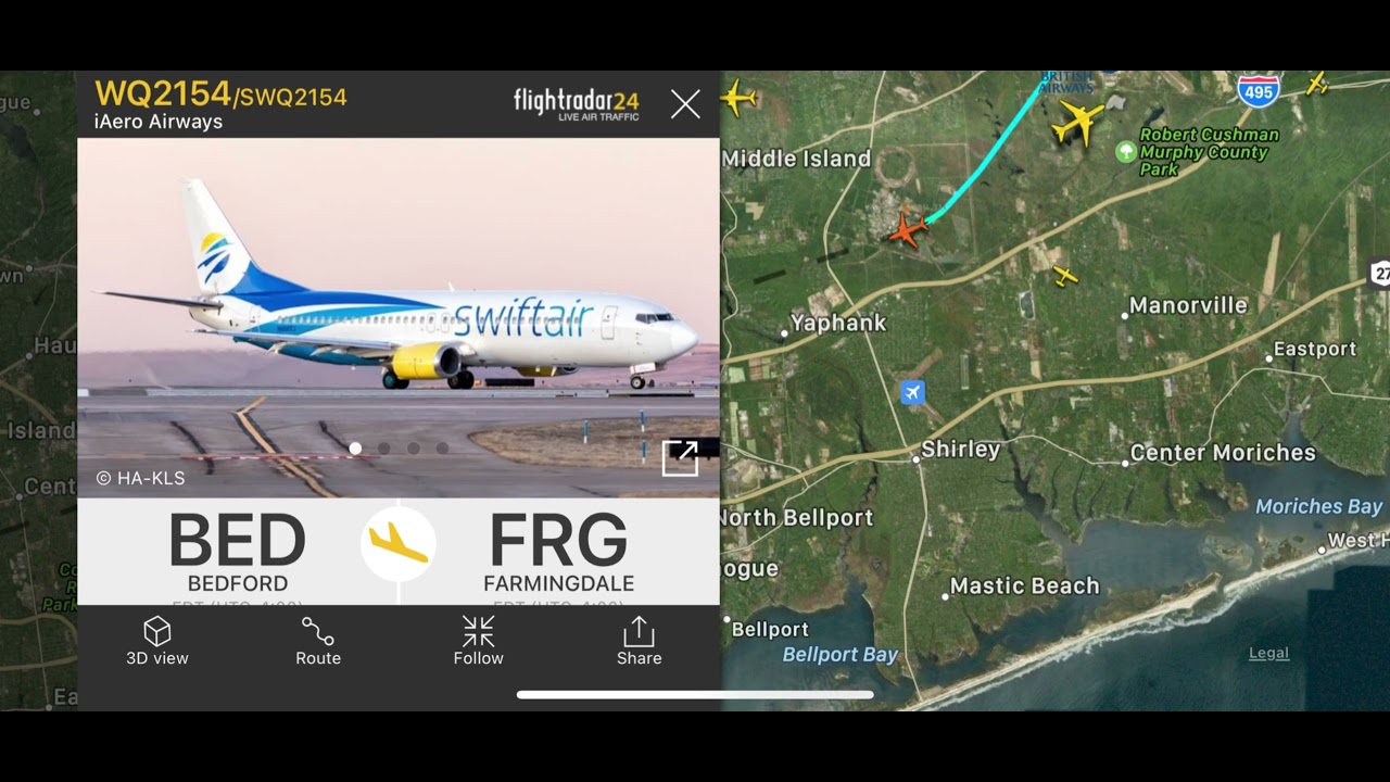 iAero Airways (Swift Air) Boeing 737-4Q8 (WQ2154, N808TJ) landing at FRG Airport over my house