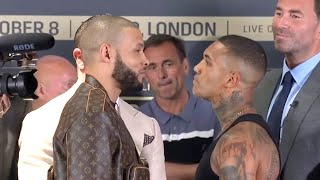 CHRIS EUBANK JR AND CONOR BENN HAVE TENSE FIRST FACE OFF AS BOTH LOOK TO SETTLE FAMILY FEUD