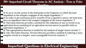 MCQ Questions Circuit Theorems in AC Analysis - True or False with Answers
