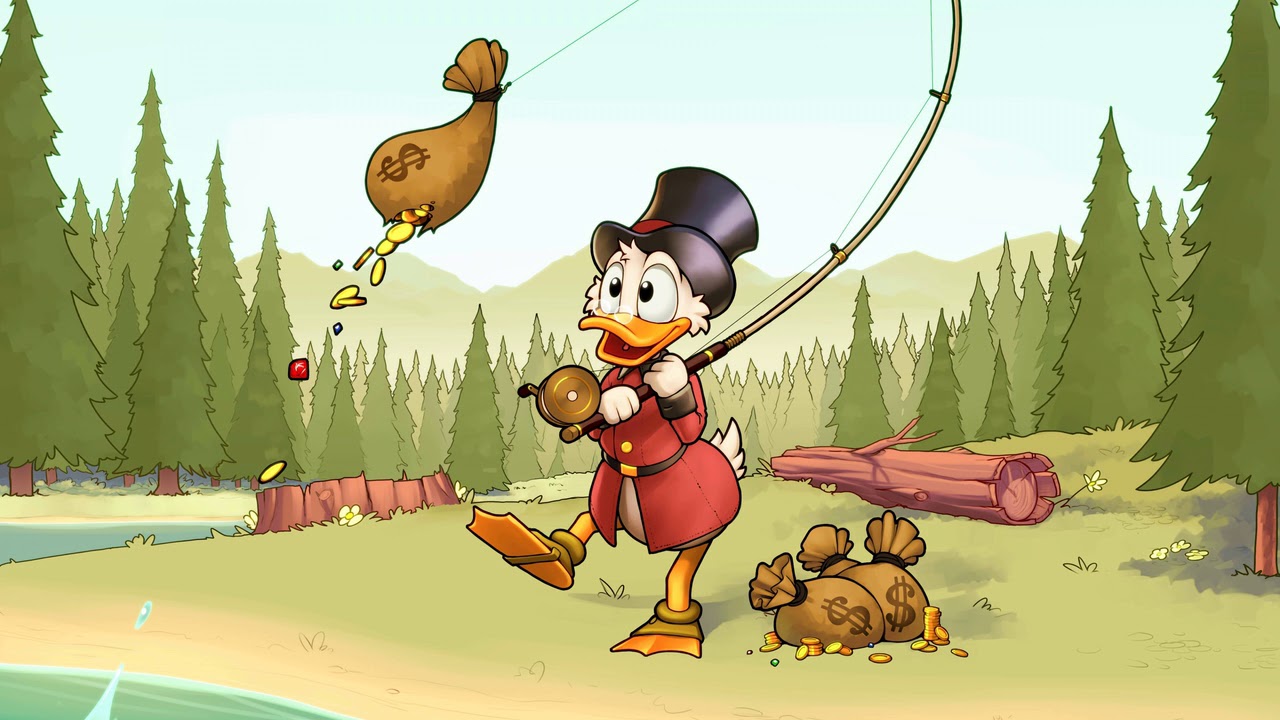 Картинка мультфильм. Лес, рыбалка, Скрудж МакДак, Утиные сказки, золото ...