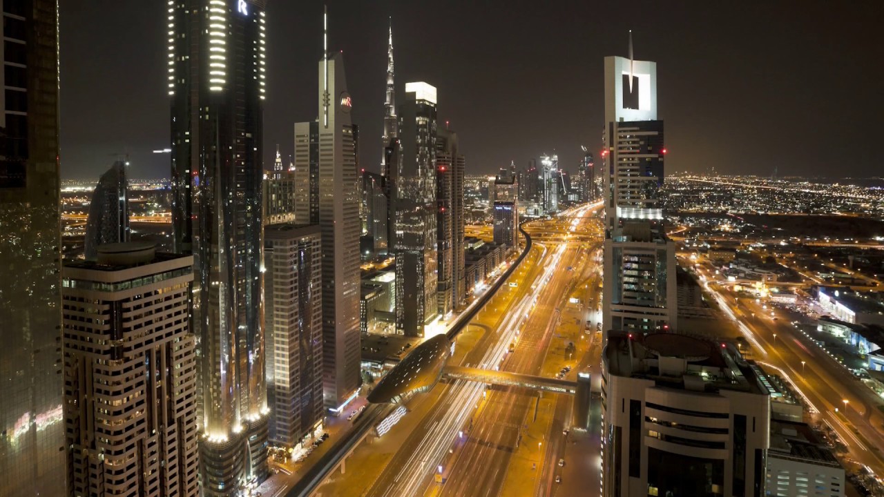 Timelapse of traffic at night on Sheikh Zayed Road, Dubai, United Arab